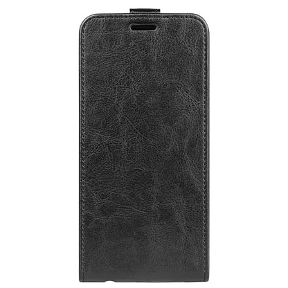 Black leather flip phone case, front view with top slot opening.