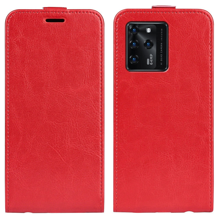 Red leather flip phone case with camera cutout and stitched edges.