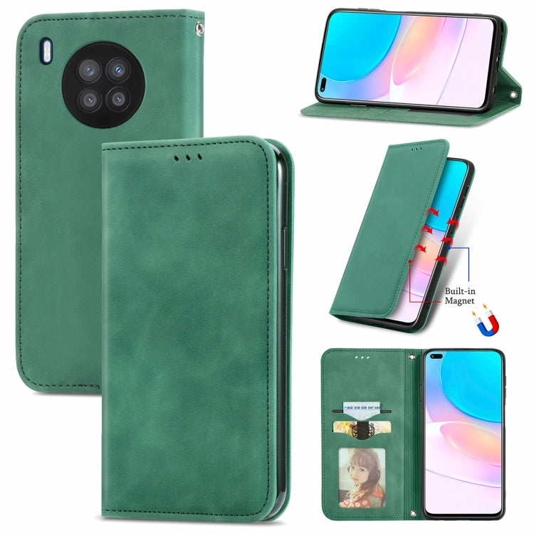 Green magnetic flip phone case with card slot and stand, leather-style cover
