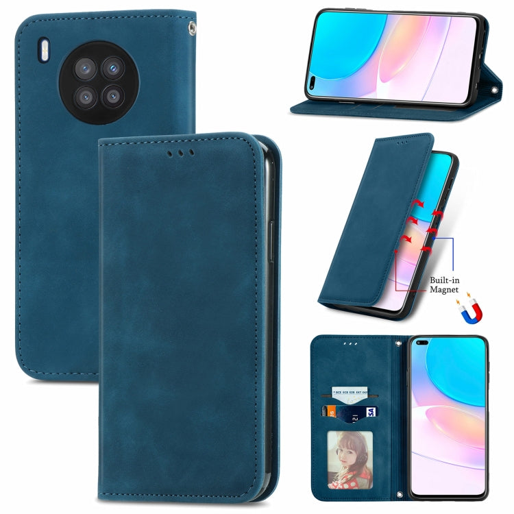Blue magnetic flip phone case with card slot and stand, leather-style cover