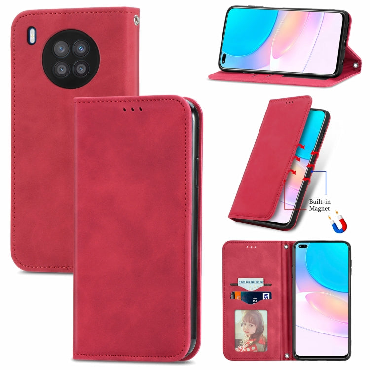 Red magnetic flip phone case with card slot and stand, leather-style cover