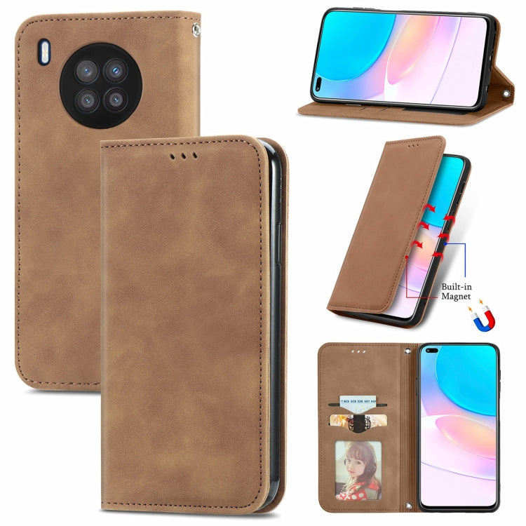 Brown magnetic flip phone case with card slot and stand, leather-style cover