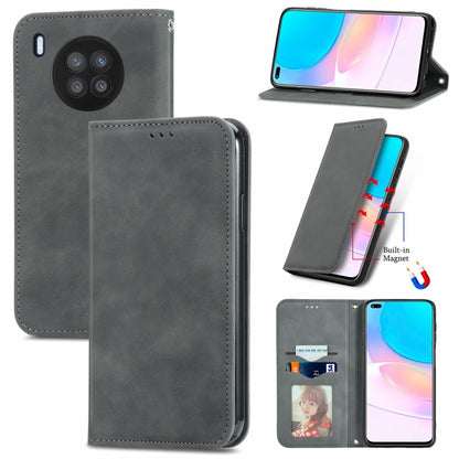 Gray magnetic flip phone case with card slot and stand, leather-style cover