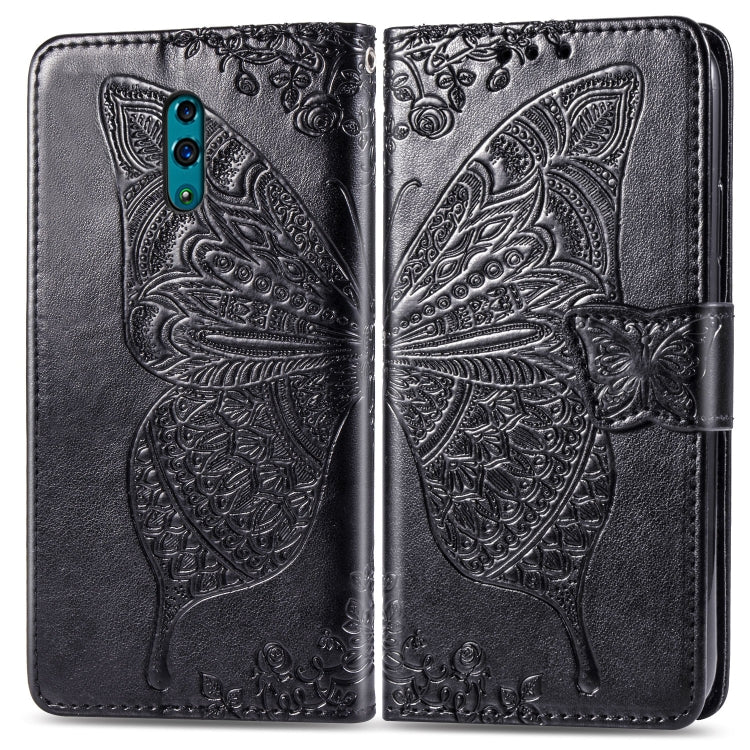 Black butterfly embossed flip leather case with holder and card slots, dual-side view.