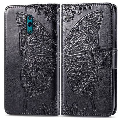 Black butterfly embossed flip leather case with holder and card slots, dual-side view.