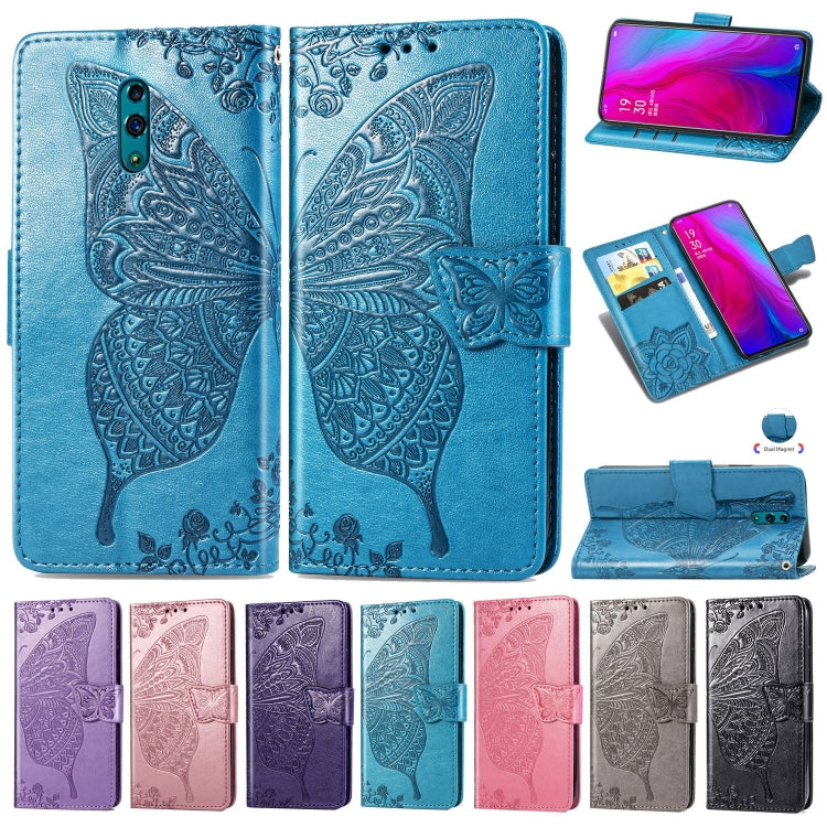 Blue embossed flip phone wallet case with butterfly and floral pattern, card holder
