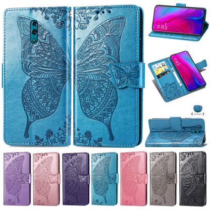 Blue embossed flip phone wallet case with butterfly and floral pattern, card holder