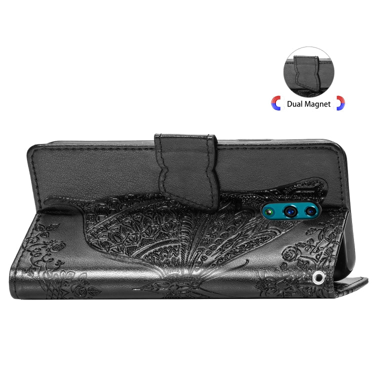 Black embossed flip leather case with open flap, showing card slots and magnetic closure.