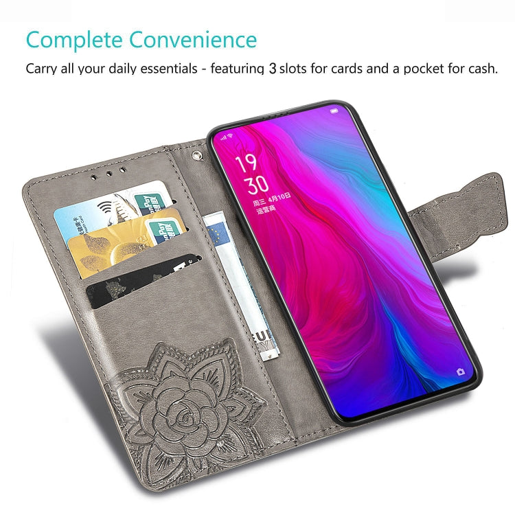 Black embossed flip leather phone wallet case opened, showing card slots and cash pocket.