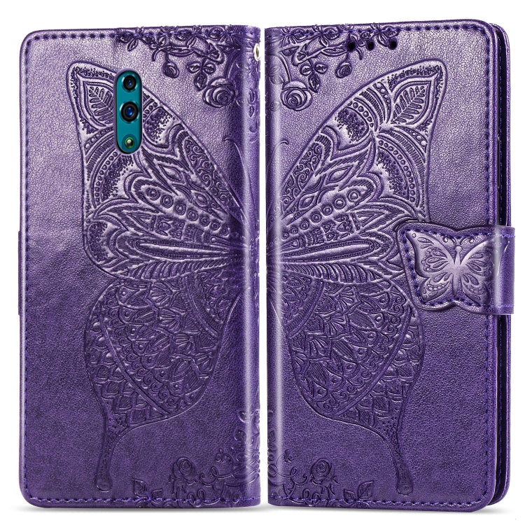Purple embossed flip phone wallet case with butterfly and floral pattern