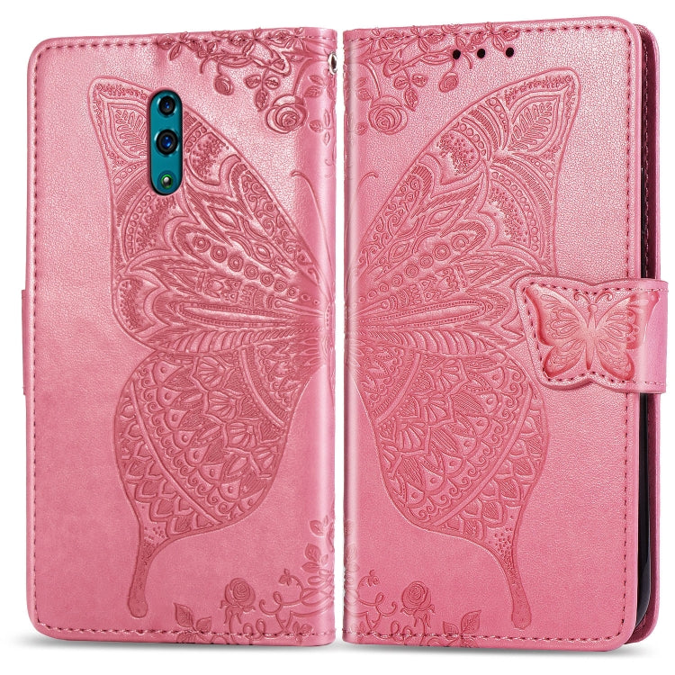 Pink embossed flip phone wallet case with butterfly and floral pattern