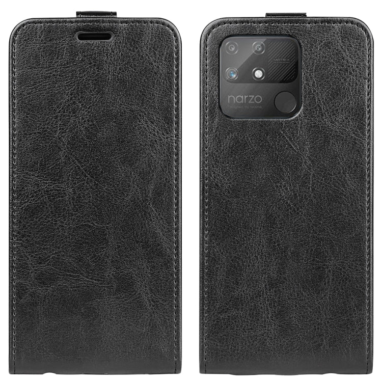 Black vertical flip leather phone case with rear camera cutout and top speaker opening