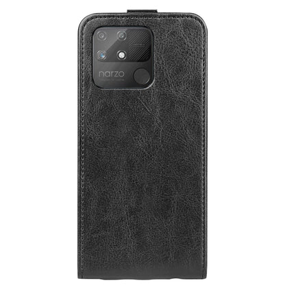 Black vertical flip leather phone case with rear camera window and textured finish