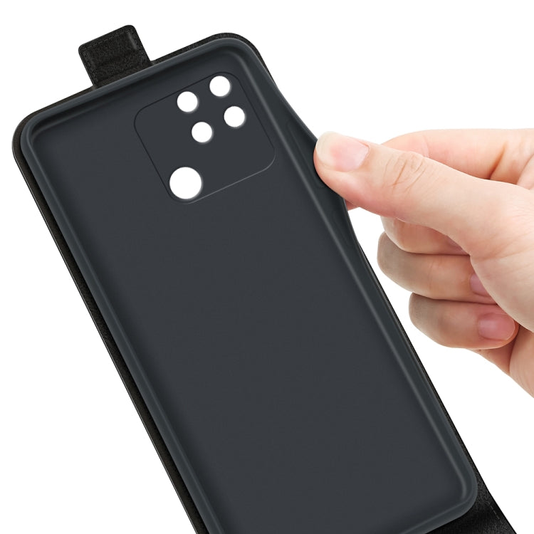 Black leather vertical flip phone case back with camera cutout, held by hand
