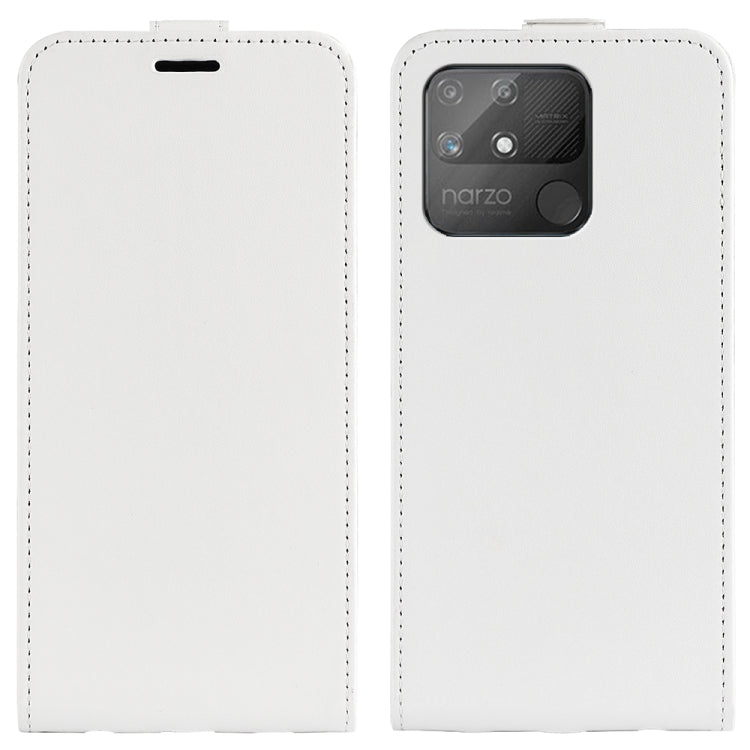 White vertical flip leather phone case with rear camera window and top speaker slot