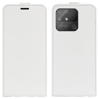 White vertical flip leather phone case with rear camera window and top speaker slot