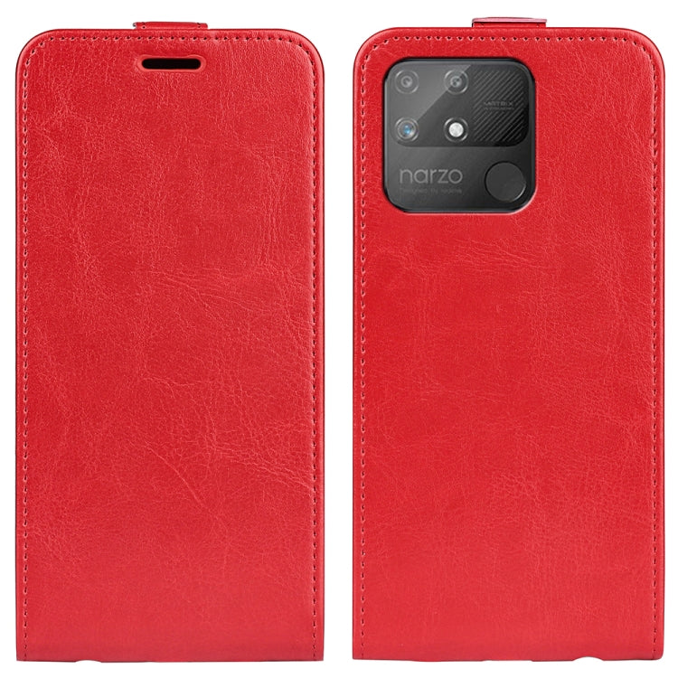 Red vertical flip leather phone case with rear camera window and textured leather finish
