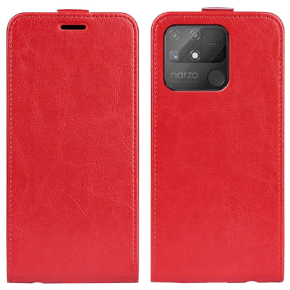 Red vertical flip leather phone case with rear camera window and textured leather finish