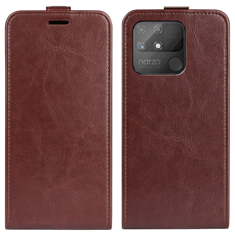Brown vertical flip leather phone case with rear camera window and textured finish