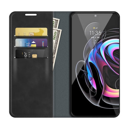 Dark blue leather wallet phone case with card slots and magnetic closure for Motorola Edge 20 lite.