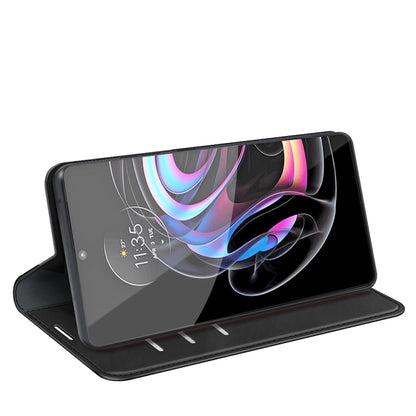 Black leather wallet phone case with kickstand viewing support for Motorola Edge 20 lite.
