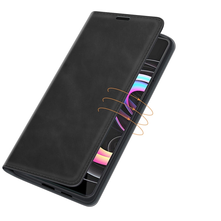 Black leather wallet phone case with side card slots and magnetic snap closure for Motorola Edge 20 lite.