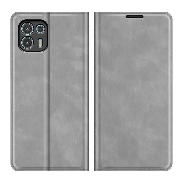 Grey leather wallet phone case for Motorola Edge 20 lite, with camera and port cutouts.