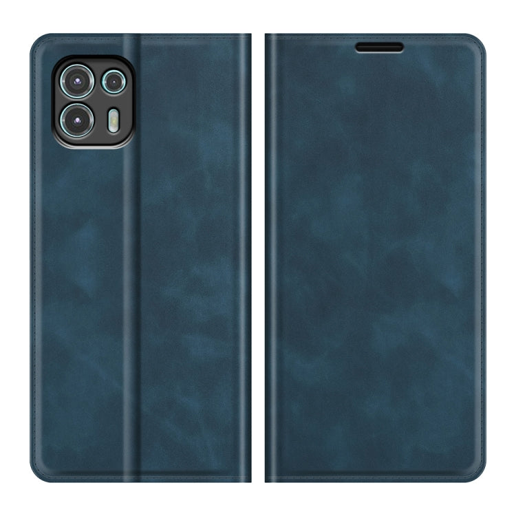 Dark blue leather wallet phone case for Motorola Edge 20 lite, with camera and port cutouts.