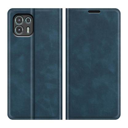 Dark blue leather wallet phone case for Motorola Edge 20 lite, with camera and port cutouts.