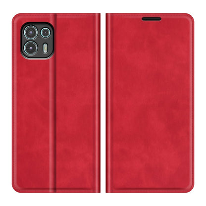 Red leather wallet phone case for Motorola Edge 20 lite, with camera and port cutouts.