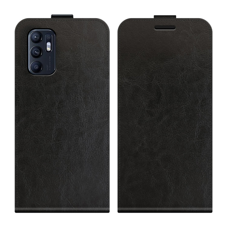Black vertical flip leather phone case with card slots and photo window, textured finish.