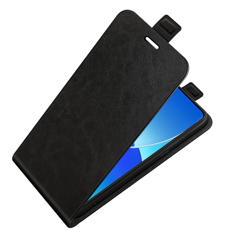 Black leather flip phone case open, card slot and photo window visible on inner flap.