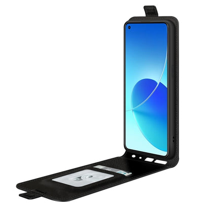 Black vertical flip leather phone case with card slot and photo frame extended for use.