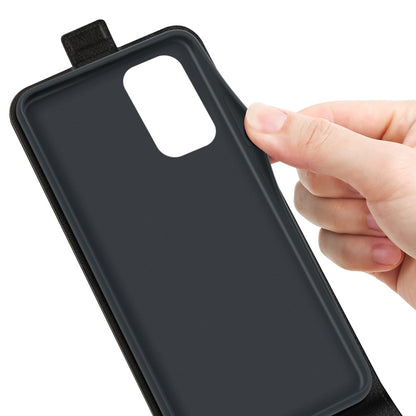 Black leather phone case back with camera cutout and flip tab, slim protective design.