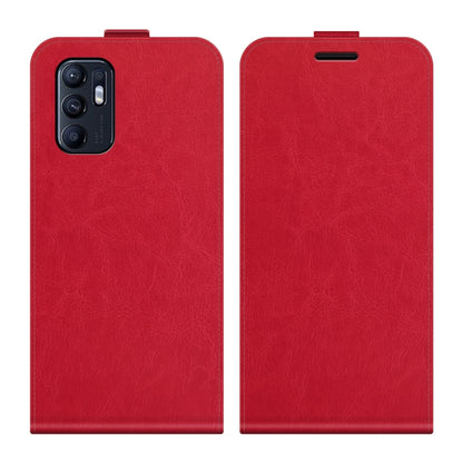 Red vertical flip leather phone case with card slots and photo window, textured finish.