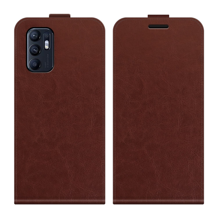 Brown vertical flip leather phone case with card slots and photo window, textured finish.
