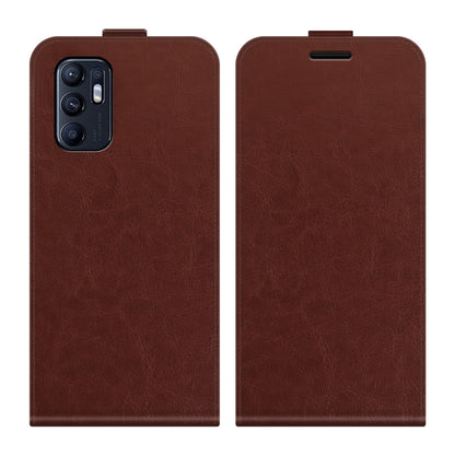 Brown vertical flip leather phone case with card slots and photo window, textured finish.