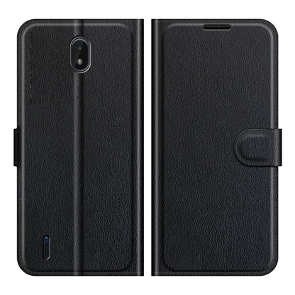 Black litchi-texture flip wallet phone case with card slot holder and magnetic clasp.
