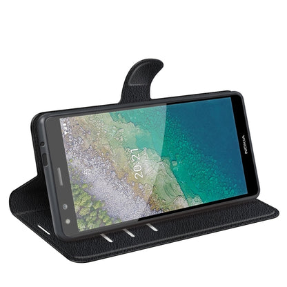 Black flip wallet phone case with stand position for landscape viewing.
