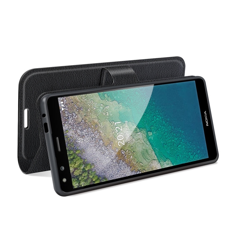 Black litchi-texture flip wallet phone case with front cover and side cutouts.