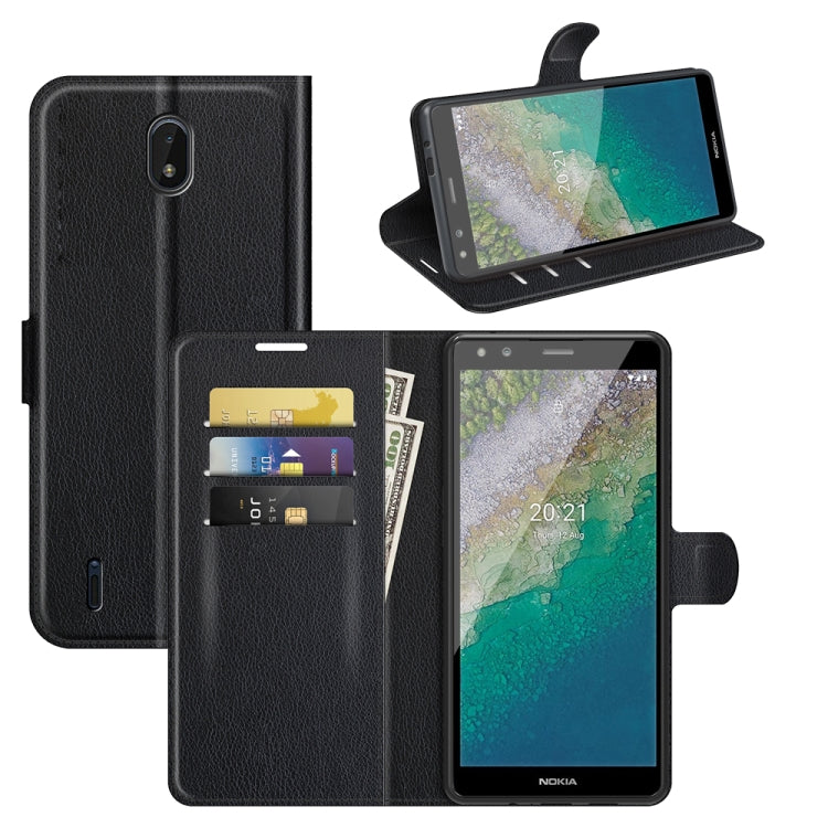 Black litchi-texture flip wallet phone case with card slots and phone holder view.