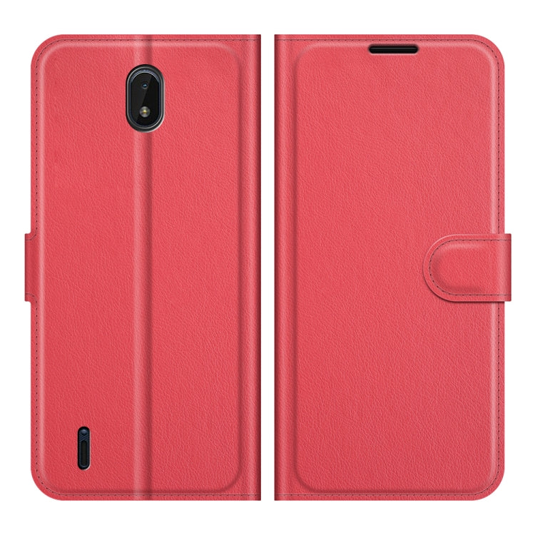 Red litchi-texture flip wallet phone case with magnetic clasp and front cover.