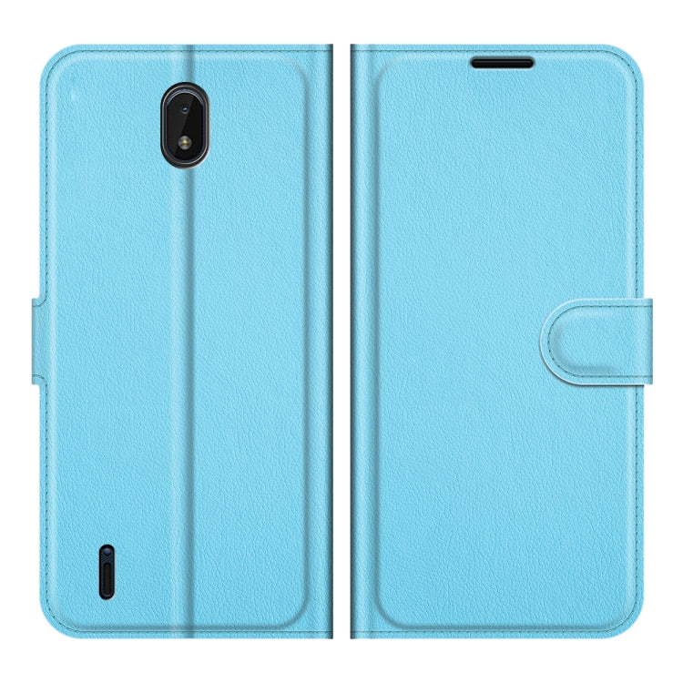 Light blue litchi-texture flip wallet phone case with magnetic clasp and front cover.