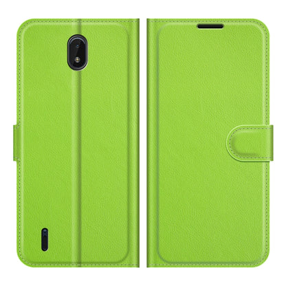 Green litchi-texture flip wallet phone case with magnetic clasp and front cover.