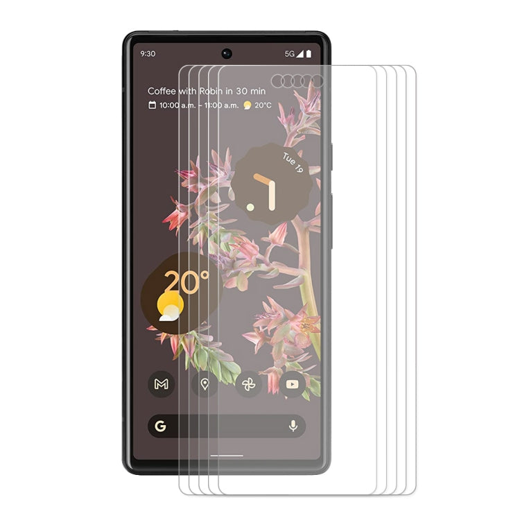 Tempered glass screen protector films, five-pack for Google Pixel 6, clear 9H