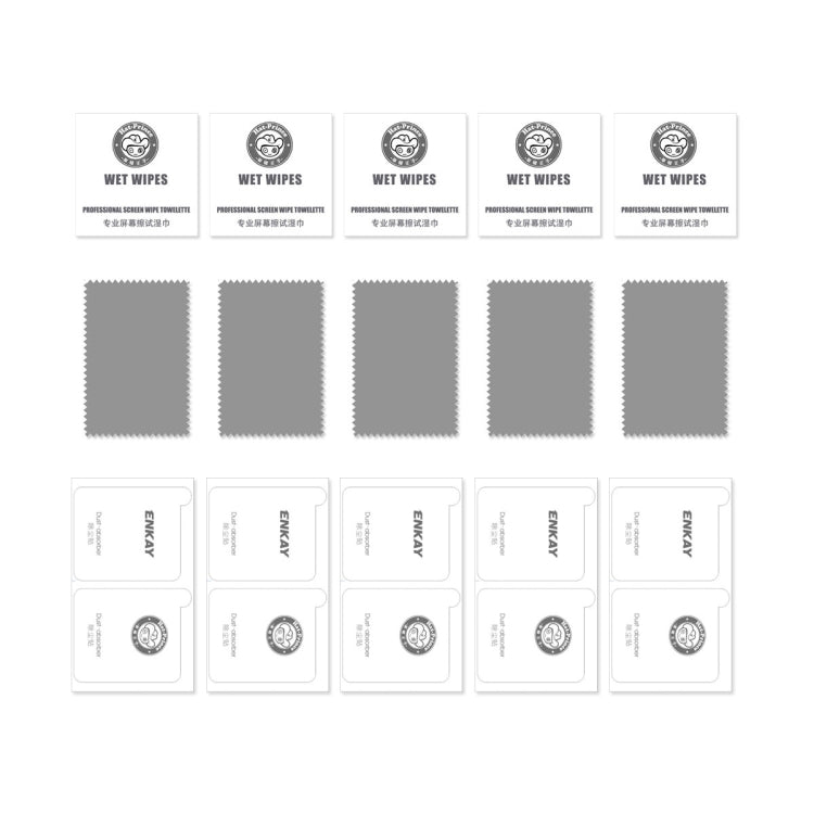 Five-pack tempered glass screen protector kit with wet wipes and cleaning cloths