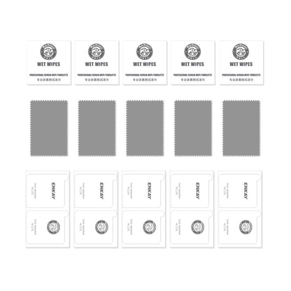 Five-pack tempered glass screen protector kit with wet wipes and cleaning cloths