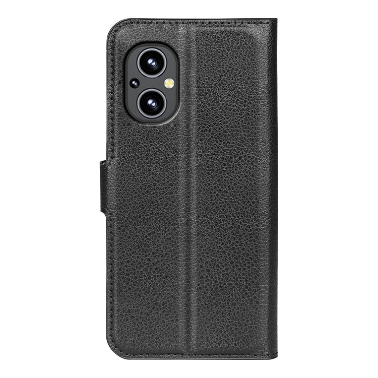 Black litchi texture flip phone case with camera cutout and smooth grip back