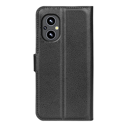 Black litchi texture flip phone case with camera cutout and smooth grip back