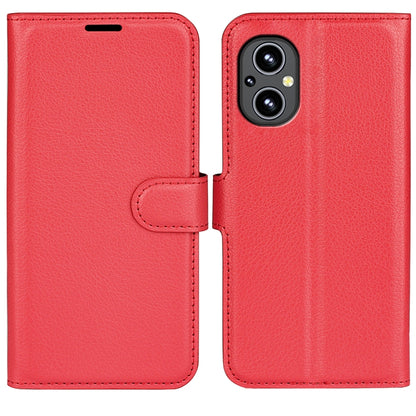 Red litchi texture flip wallet phone case with card pocket and camera cutout